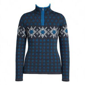 Neve Wool Snowflake Half-Zip Nordic Ski Sweater Size L - Blue Gray Turtleneck